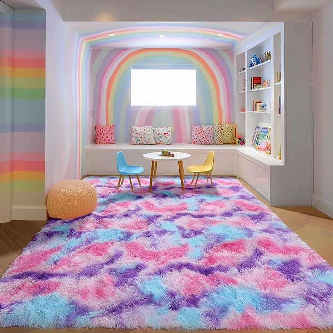 PAGISOFE Rainbow Purple Rugs for Girls Bedoom 5x8 Ft, Fluffy Cute Colorful - Image 6