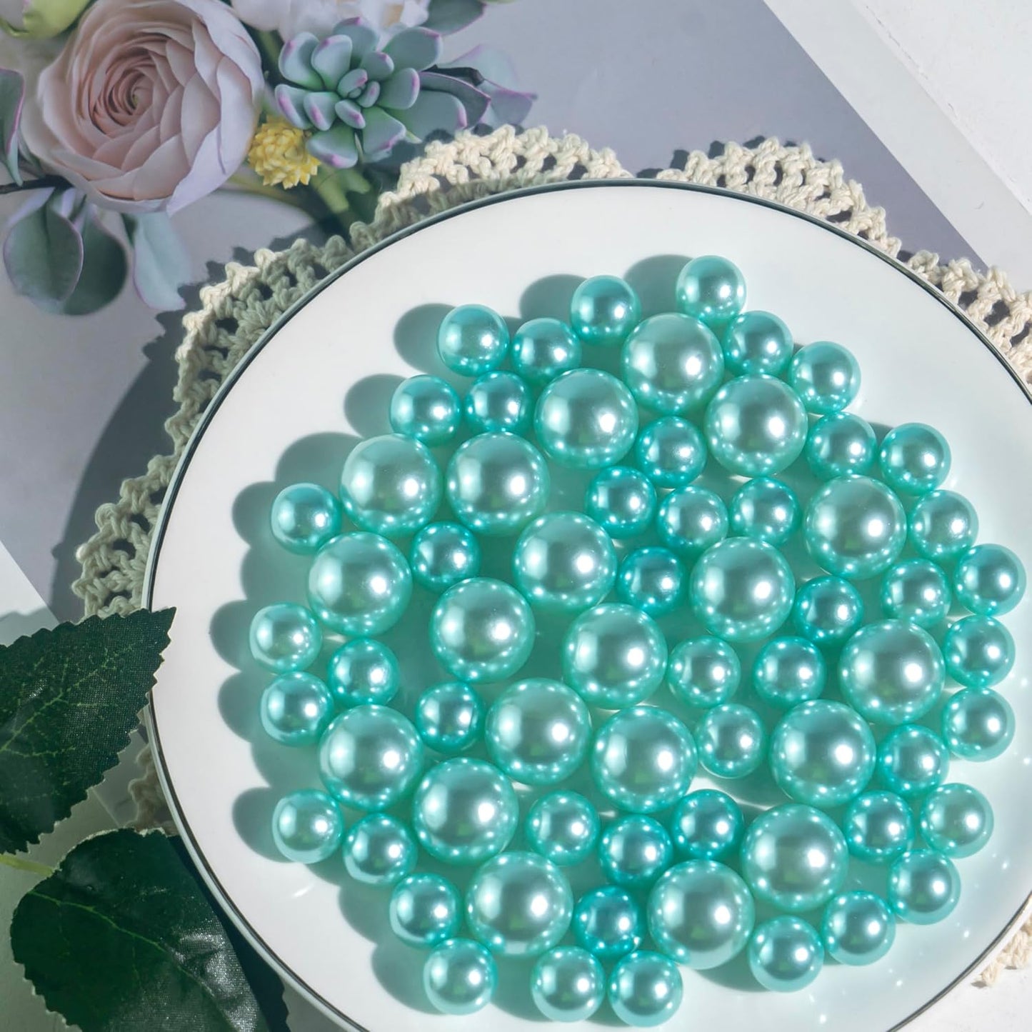 120 PCS 8/14/20mm No Hole Polish Pearl Beads for Centerpiece, Lake Blue Beads Decorative Vase Fillers, Plastics Pearls for Vases, Table Scatters, Wedding Party Decor