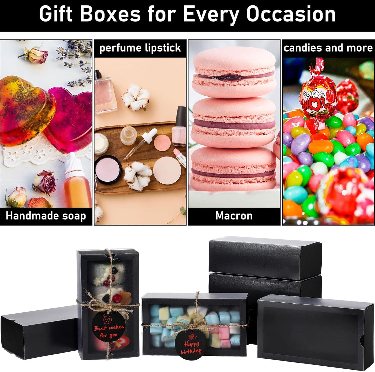 Roowest 50 Sets Kraft Gift Boxes Rectangle Kraft Paper Drawer Box with Window Homemade Soap Box with Blank Tags and Jute String for Jewelry Candy Wrapping Party Favor(Black, 6.3 x 3.5 x 2 Inch)