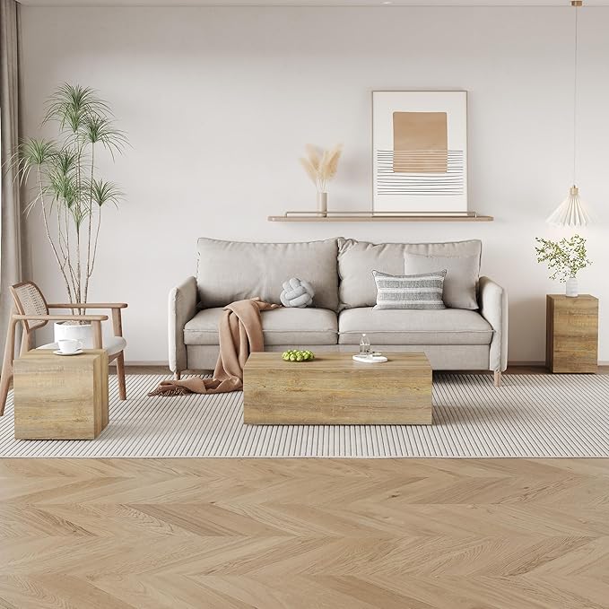 Coffee Table Set for 3, Living Room Table Set, Wood Coffee Table and Side Table - Image 3