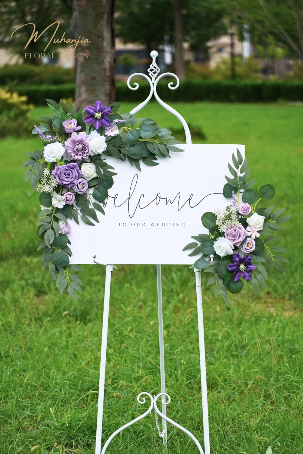 Muhanjia Wedding Sign Faux Flower Swag (Pack of 2) for Ceremony Party Reception Entrance Floral Decor Wall Easel Stand for Wedding Poster Welcome Sign (Purple)