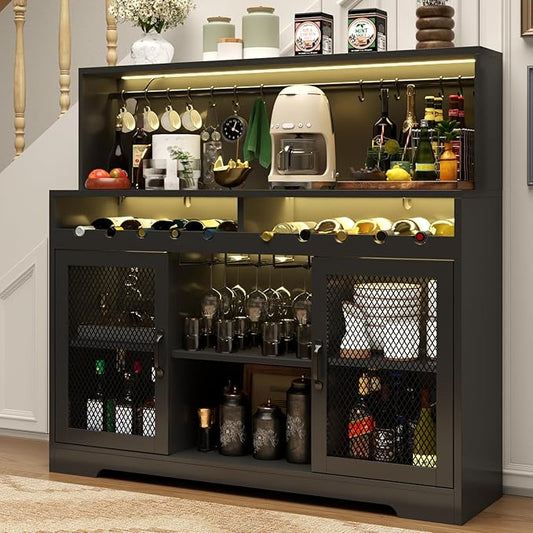Loomie Wine Bar Cabinet with LED Light, Liquor Cabinet with Glass Holder by LOOMIEDirect