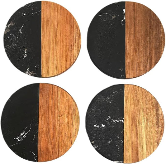 I-LAN 4-Pack Black Marble and Acacia Wood Coasters, 4-Inch Round Modern Drink by ilan