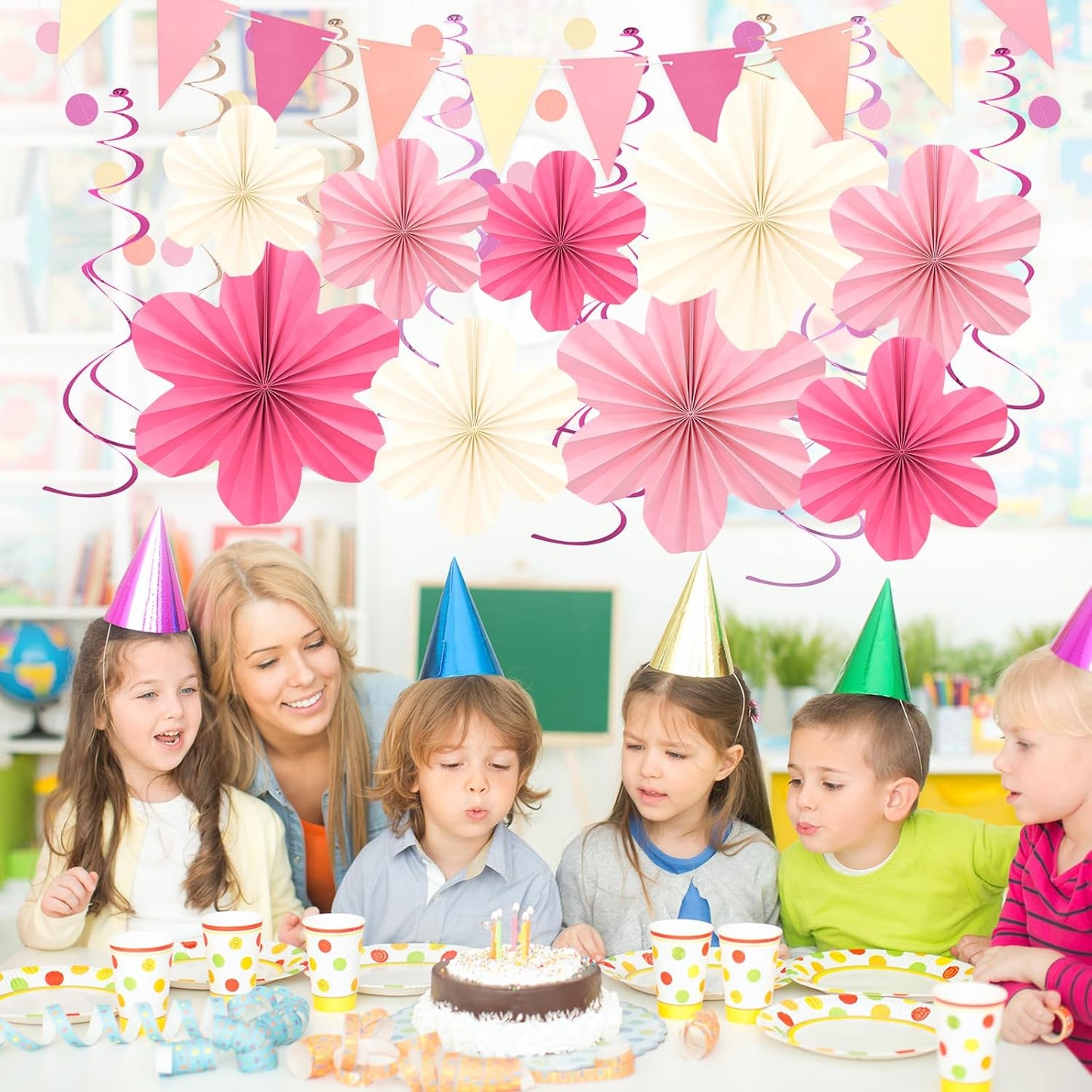 Pink and Yellow Party Decorations, Pink Birthday Decoration with Colorful Hanging Paper Flowers,Tassel Garland and Swirls for Women Girls, Baby Showers Bachelorette Party Supplies Classroom Decor