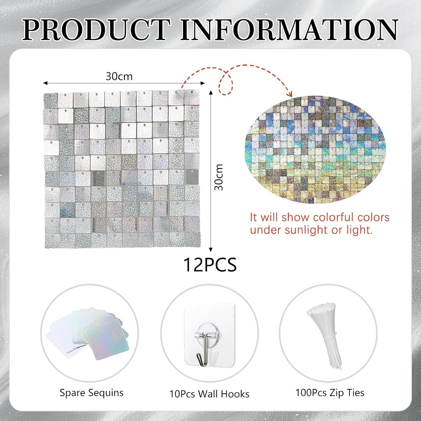 24PCS Silver Shimmer Wall Backdrop, Laser Square Sequin Photo Backdrops Panel, Glitter Wall Background for Birthdays, Weddings, Christmas, Engagements, Disco Bachelorette Party Decoration (4FTx6FT)