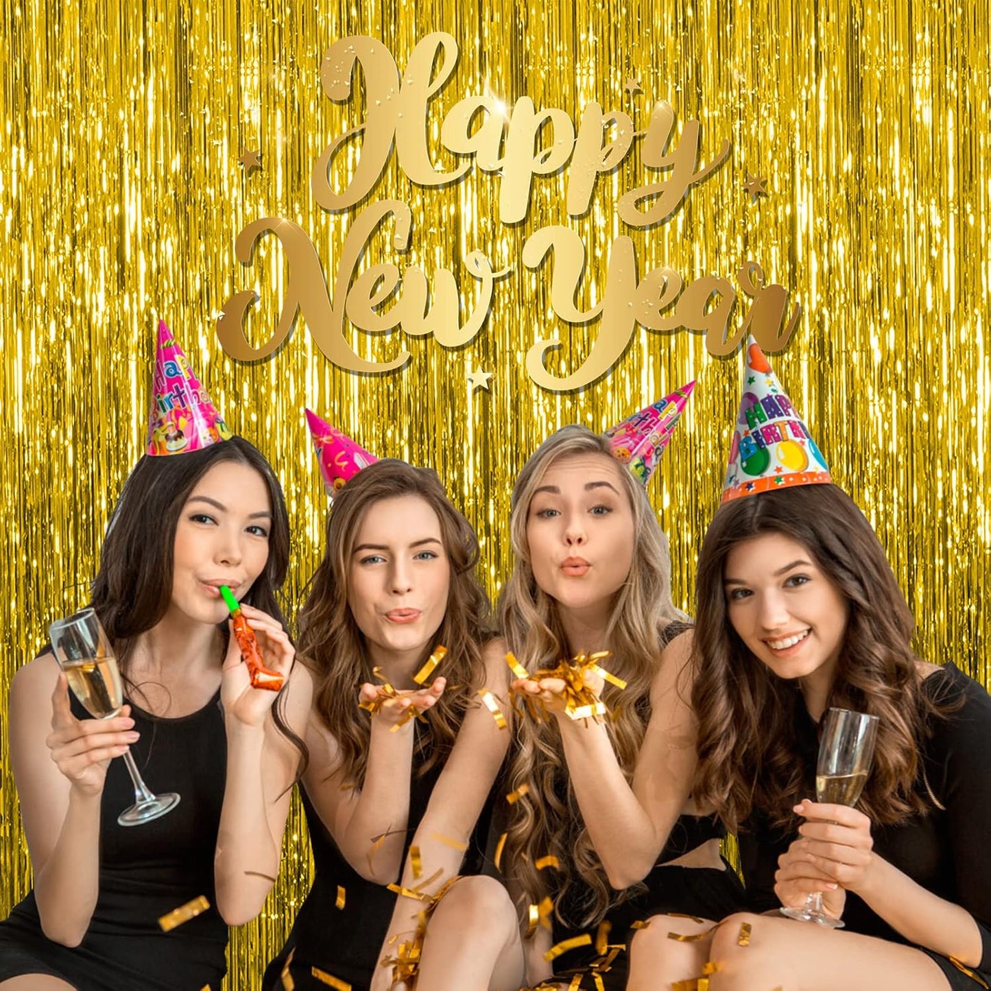 10 Pack Gold Fringe Curtain Backdrop Tinsel Streamers Birthday Party Decorations Christmas Photo Booth Backdrop Halloween New Year Graduation Baby Shower Theme Party Decorations