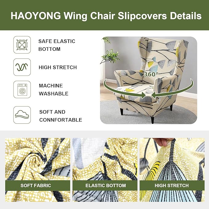 HAOYONG Printed Wingback Chair Covers 2 Pieces Wing Chair Slipcover High - Image 4