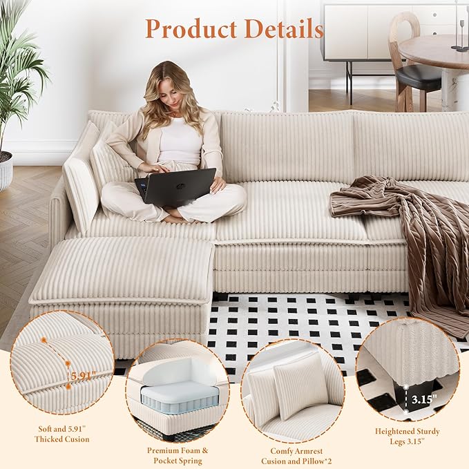 Vesgantti 143" L Shaped Modular Sectional Sofa, Comfy Corduroy Upholstered - Image 3