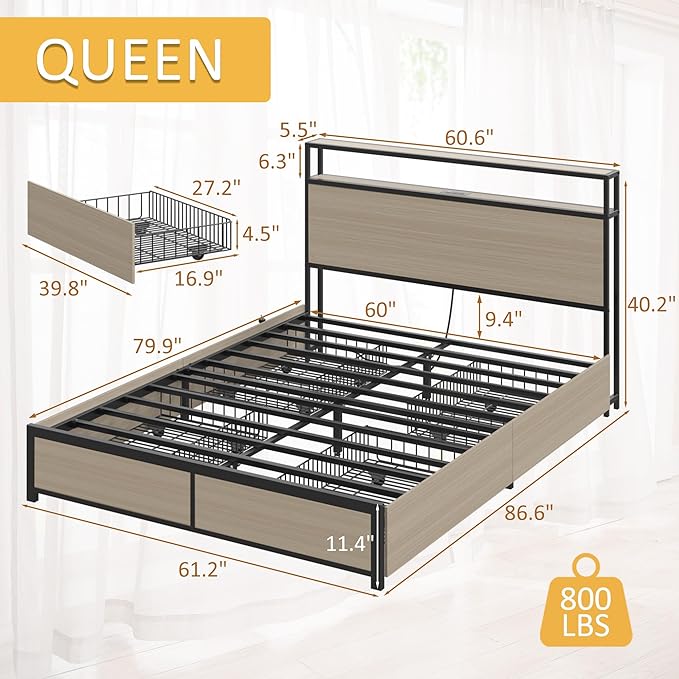 Lifezone Queen Bed Frame with 2-Tier Storage Headboard, Metal Platform Bed - Image 2