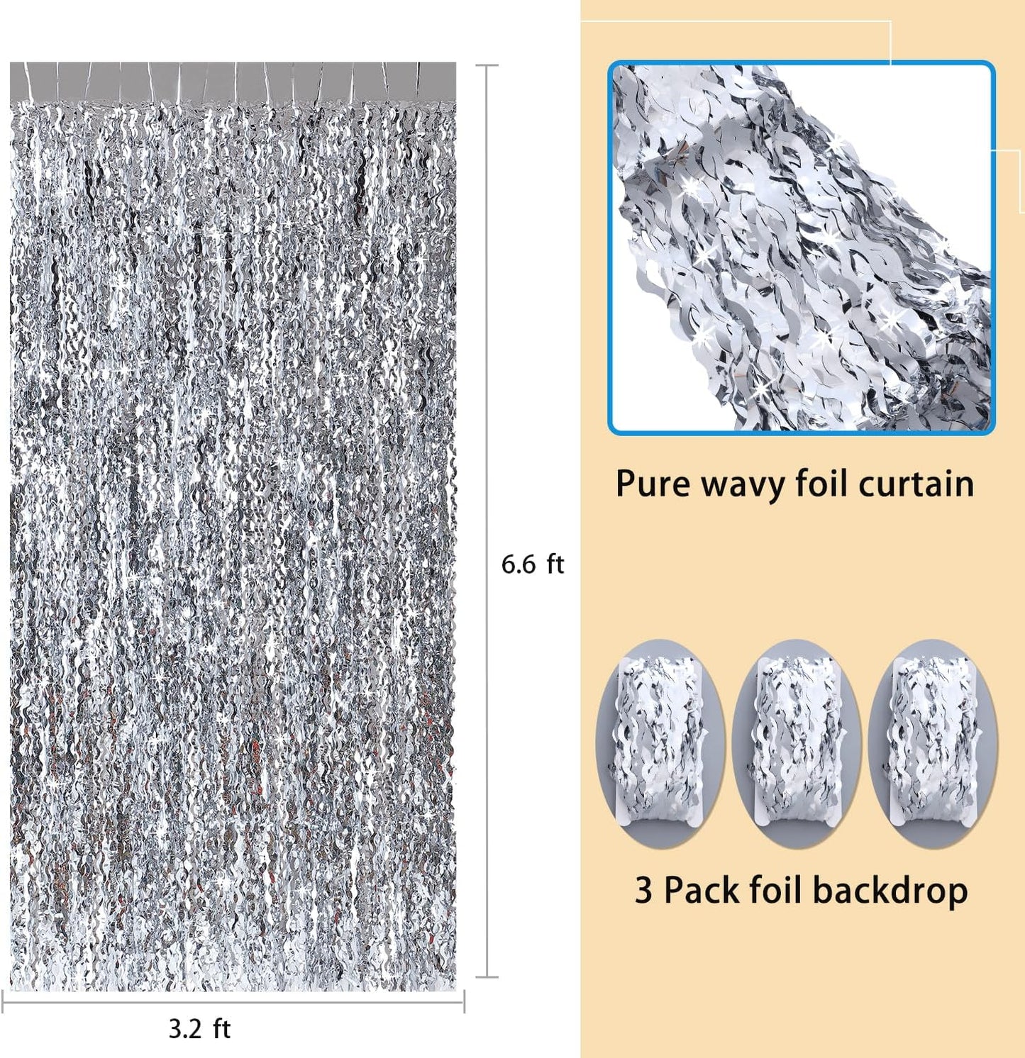 3 Pack Wave Silver Tinsel Curtain - 3.3x6.6 Feet Foil Streamers Birthday Party Decorations Wedding Background Decor Photo Booth Props