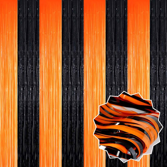 3 Pack Black Orange Foil Fringe Curtains Backdrop, 3.28 x 9.8 Ft Metallic Streamers Tinsel Curtains Background for Photo Booth, Birthday, Halloween, Christmas, Thanksgiving, New Year Party Decorations