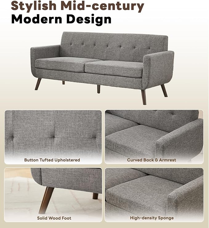 Tbfit 77.2" W Linen Sofa Couch, Mid Century Modern Decor Loveseat Couches - Image 8