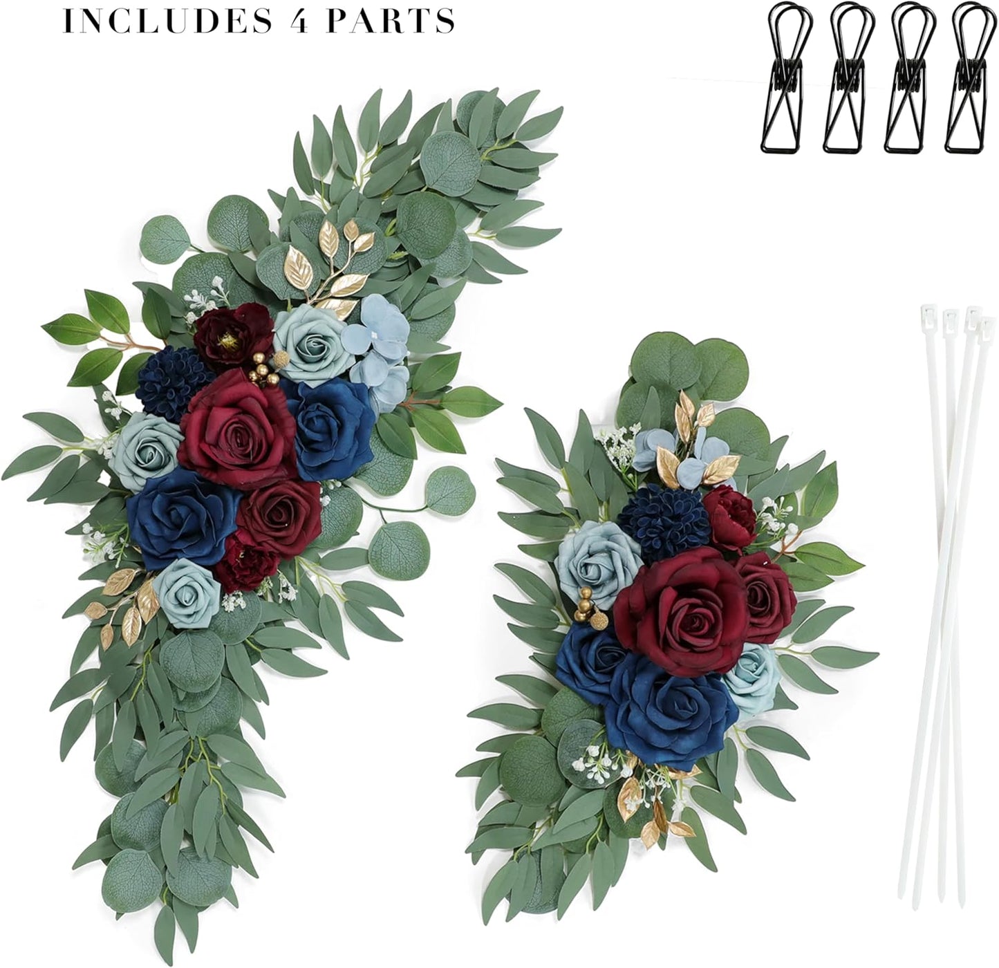 Artificial Navy Blue and Burgundy Wedding Arch Flower Swags Set of 2 for Welcome Signs, Reception and Ceremony Decorations - Navy Blue Floral Decor