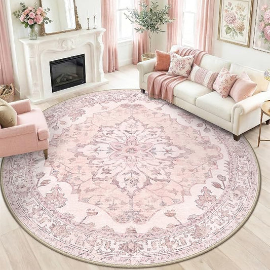 RELEANY Area Rugs Round 8ft Washable Non-Slip, Floral Vintage Distress Print by RELEANY