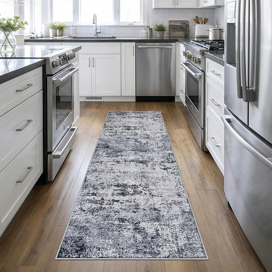 2.6'x10' Runner Rug Washable Rug: Modern Abstract Soft Thin Runner Rug Grey by FXRHLP