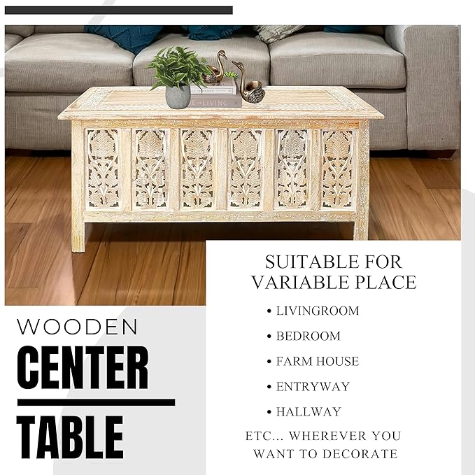 Rectangular Coffee Table – 36x18 Inch White Wash Finish Modern Wooden Center - Image 6