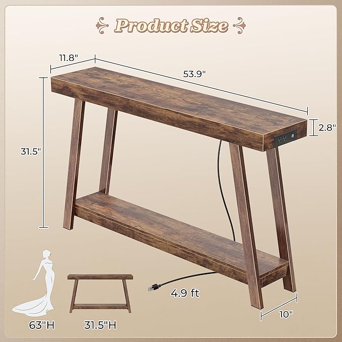 Huuger Console Table with Charging Station, USB-C Port, 2 Tiers Entryway Table - Image 2