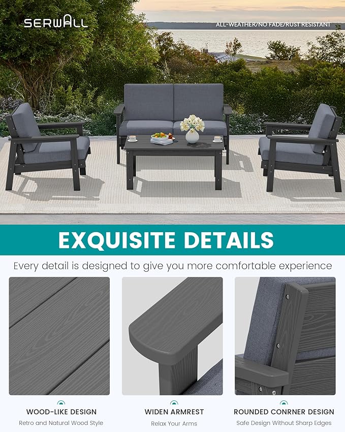 SERWALL Outdoor Patio Furniture Set, 5 Piece HDPE Patio Conversation Sets - Image 4