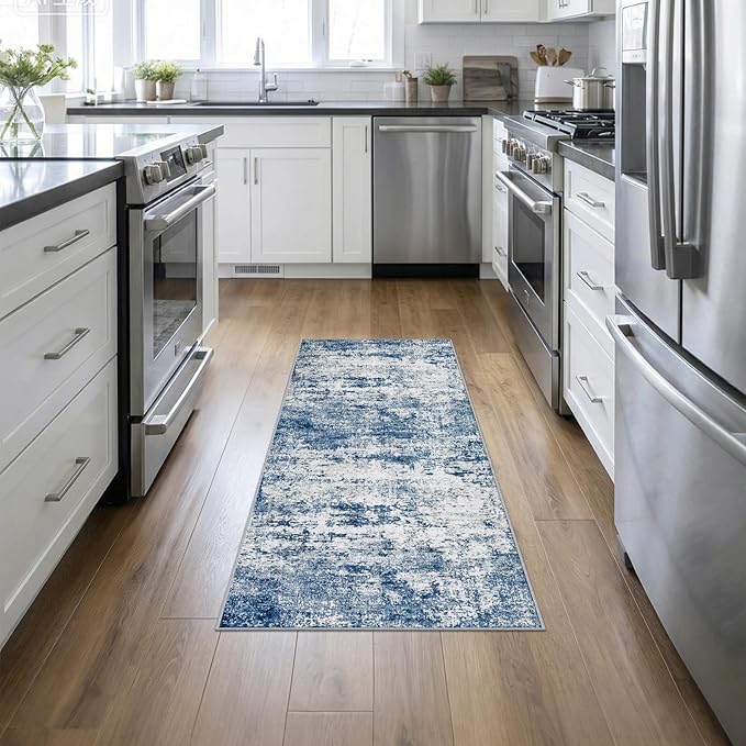2'x5'Runner Rug Washable Rug: Modern Abstract Soft Thin Runner Rug Blue by FXRHLP