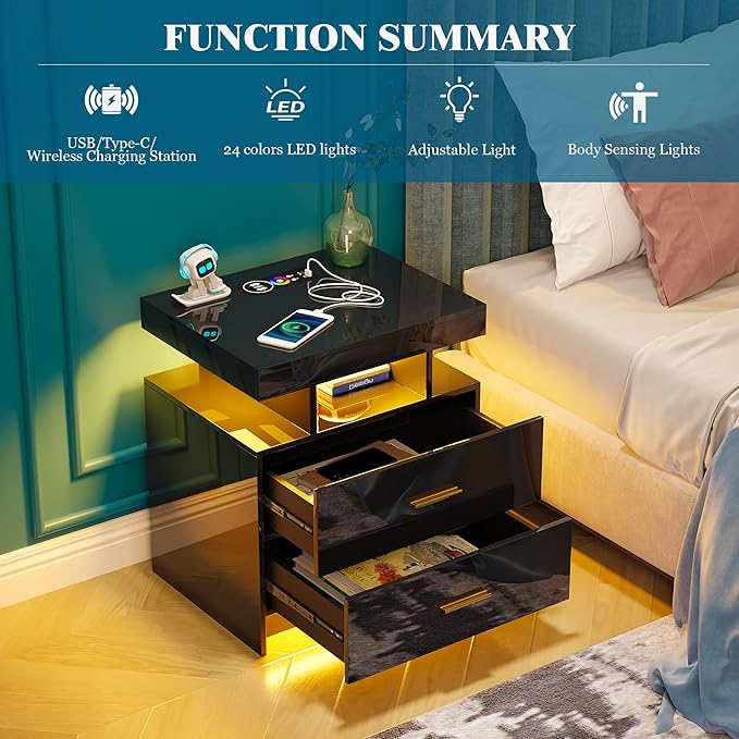WOOVIVS Night Stand Set 2 with USB/Type-C/Wireless Charging Station, Blakc - Image 7