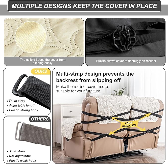 100% Waterproof Loveseat Recliner Cover, 4-Piece Split Reclining Couch Covers - Image 6