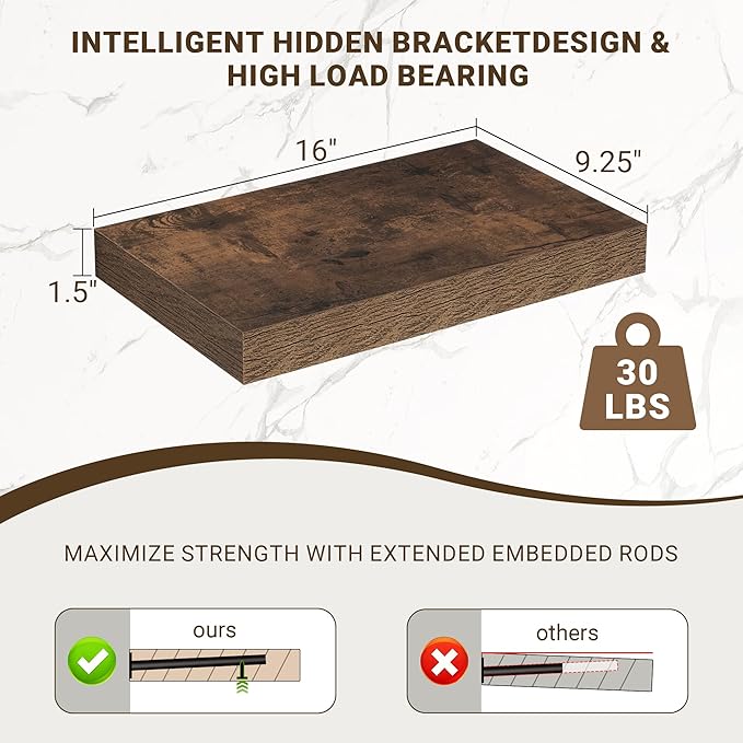 Acovy 16 Inch Floating Shelves, Wooden Shelves - Image 3