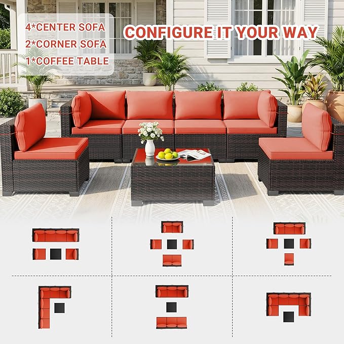 CHABATREE 7pcs Outdoor Patio Furniture Sets, Rattan Conversation Sectional Set - Image 6