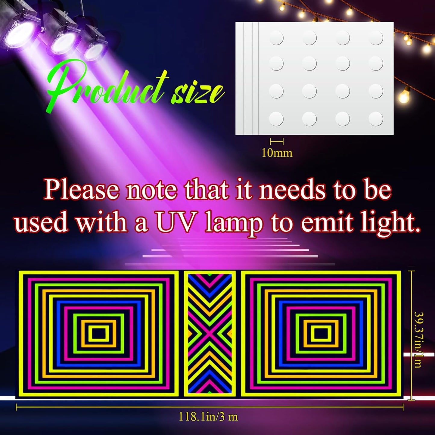 Haull 118 x 39 Inch Neon Light up Dance Floor Glow in The Dark Runner UV Reactive Blacklight Floor Aisle Runner Decor Wall Props for 80s 90s Neon Birthday Party Decorations(Square)