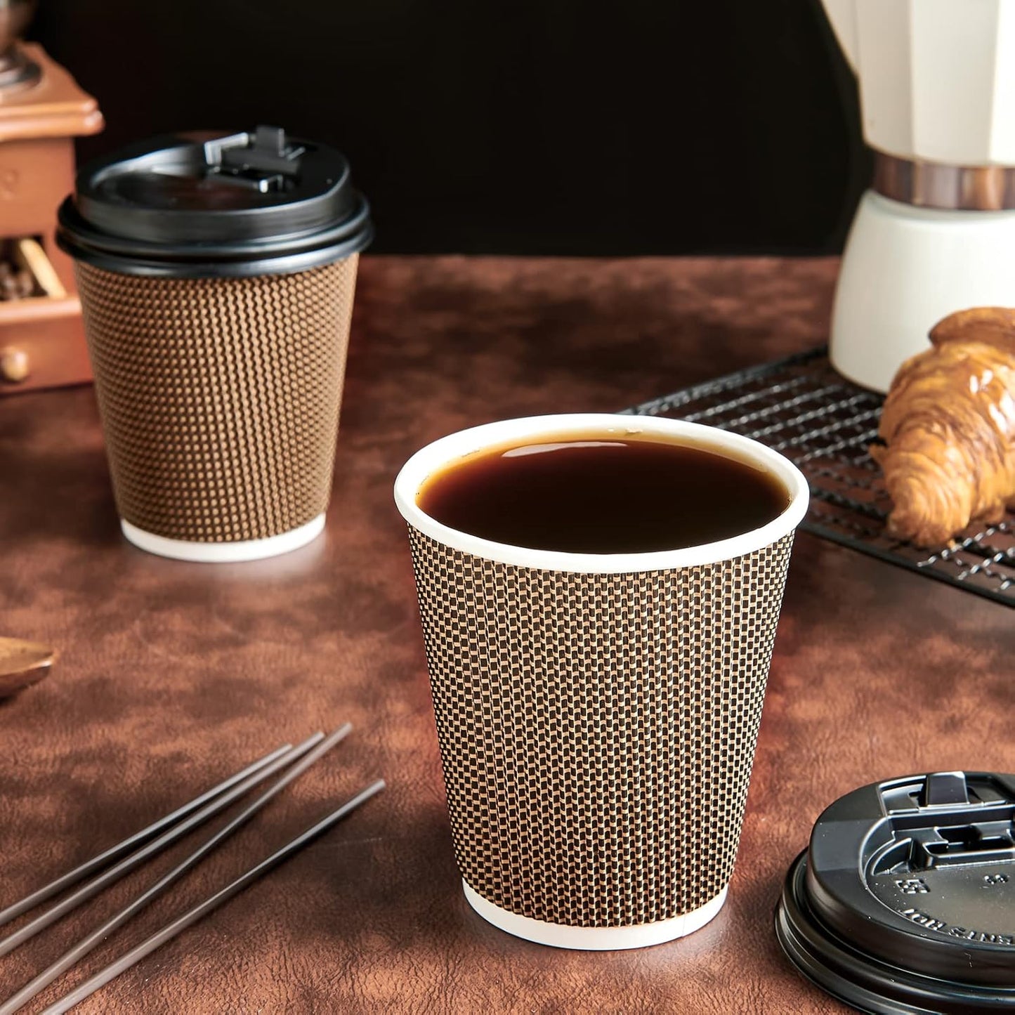 LITOPAK 80 Pack 10 oz Paper Coffee Cups, Insulated Ripple Wall Hot Coffee Cups with Lid and Straws, Brown Three Layer Insulated Hot Beverage Cups for Parties, Picnic, and Travel