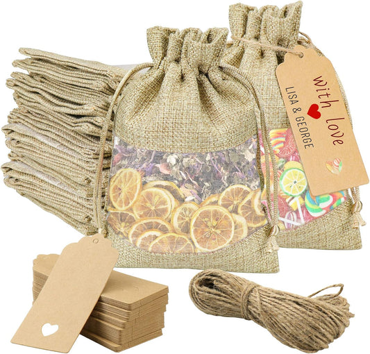 GIOIPC 50Pcs 5 x 7 Inch Linen Burlap Sheer Bags with Drawstring and Bonus Gift Tags for Wedding Birthday Bag,Craft Bags,Cosmetic Samples