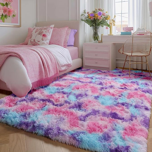 PAGISOFE Rainbow Purple Rugs for Girls Bedoom 5x7 Ft, Fluffy Cute Colorful by PAGISOFE