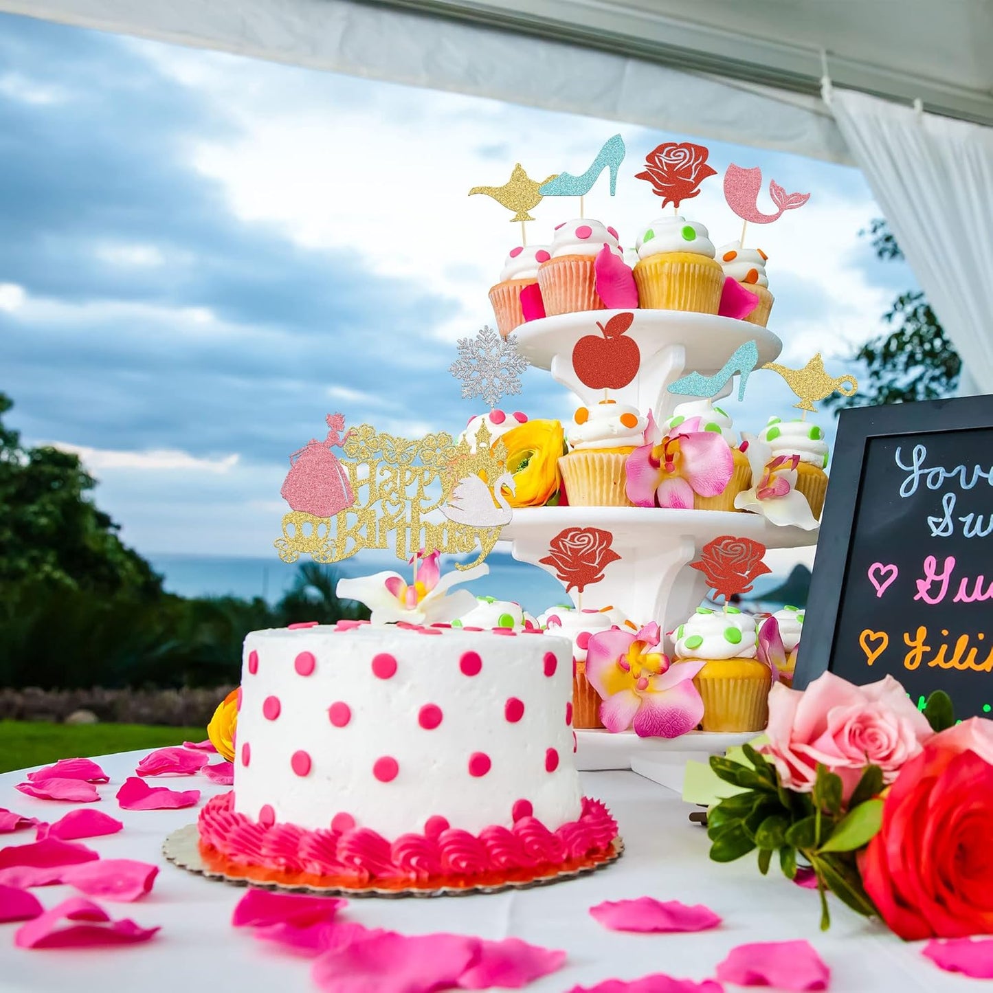 Gyufise 24Pcs Princess Symbol Cupcake Toppers Apple Mermaid High Heel Snowflake Rose Cupcake Picks for Girl Birthday Baby Shower Party Decorations