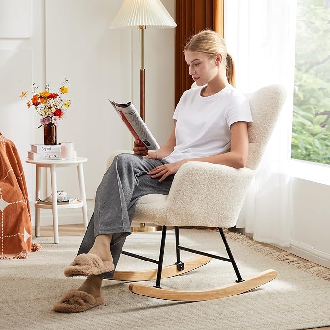 DUMOS Rocking Chair with High Backrest, Nursery Teddy Upholstered Indoor - Image 5