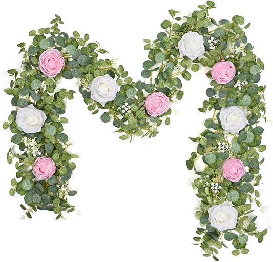 Waipfaru 6.07FT Artificial Eucalyptus Garland with Flowers, Fake Rose Gypsophila Floral Garland, Floral Vines for Wedding Table Backdrop Party Centerpiece Room Decor