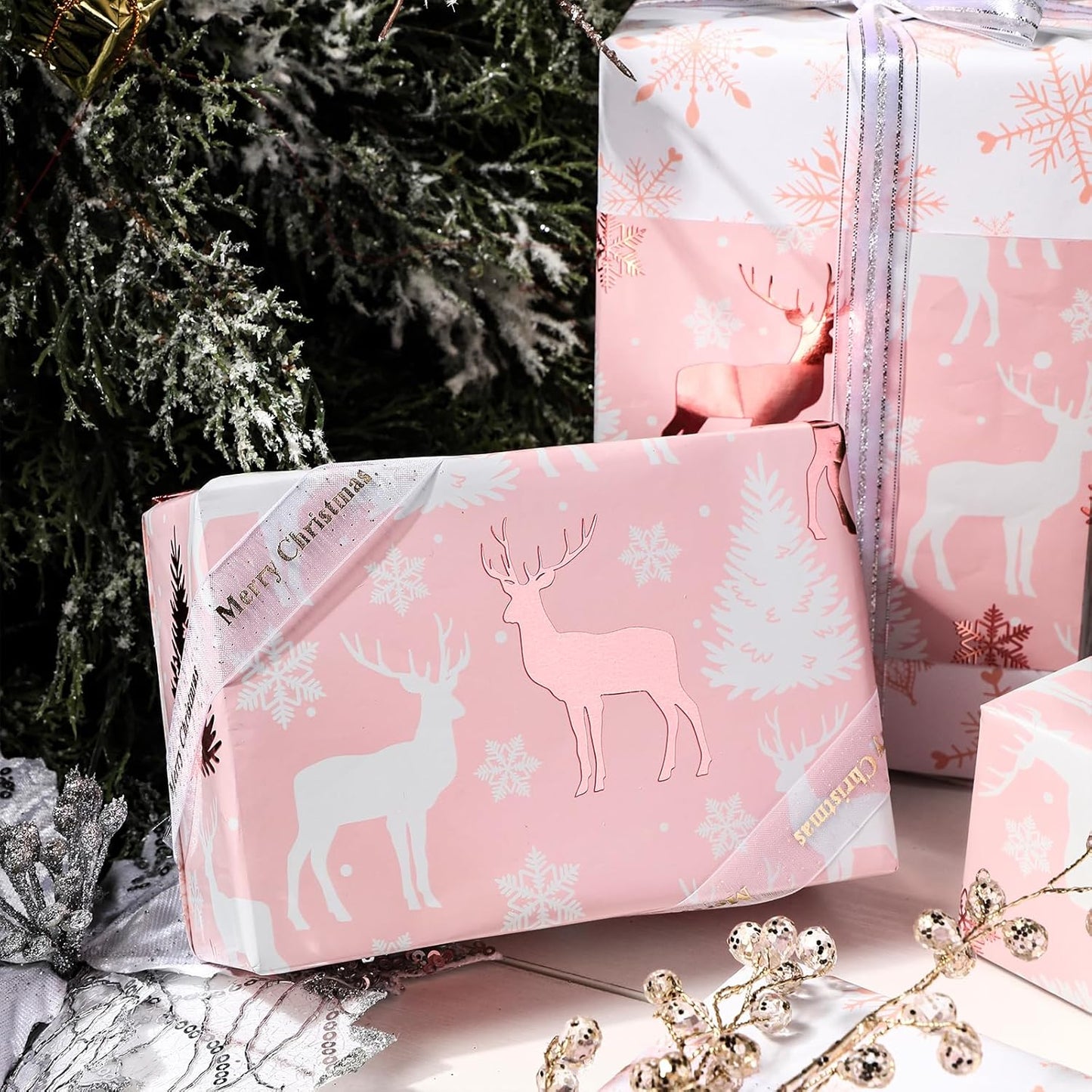 LeZakaa Christmas Pink Wrapping Paper Mini Roll, Reindeer & Snowflake, Metallic Foil, Rose Gold Foil Reversible Design for Festive Winter Holiday, Family Gathering, 17 inches x 32.8 Feet