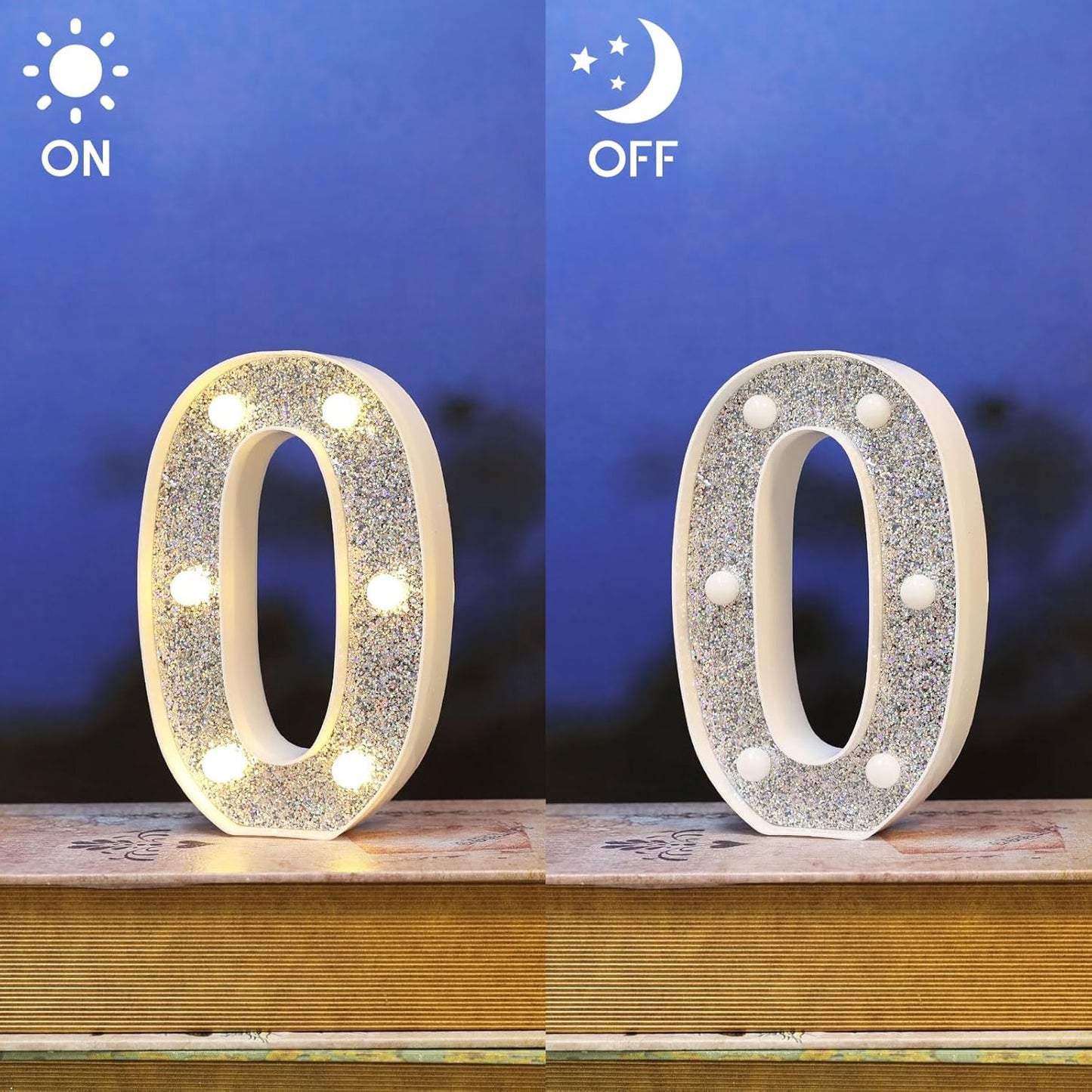 Light Up Marquee Letters for Table Decorations, Glitter Signs for Prom, Events, or Engagement Party Decor, Featuring Alphabet & Number Lighted Letters, Number 0