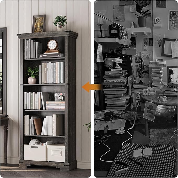 5-Tier Farmhouse Bookshelf, 61.1 inch Tall Bookcase - Image 3
