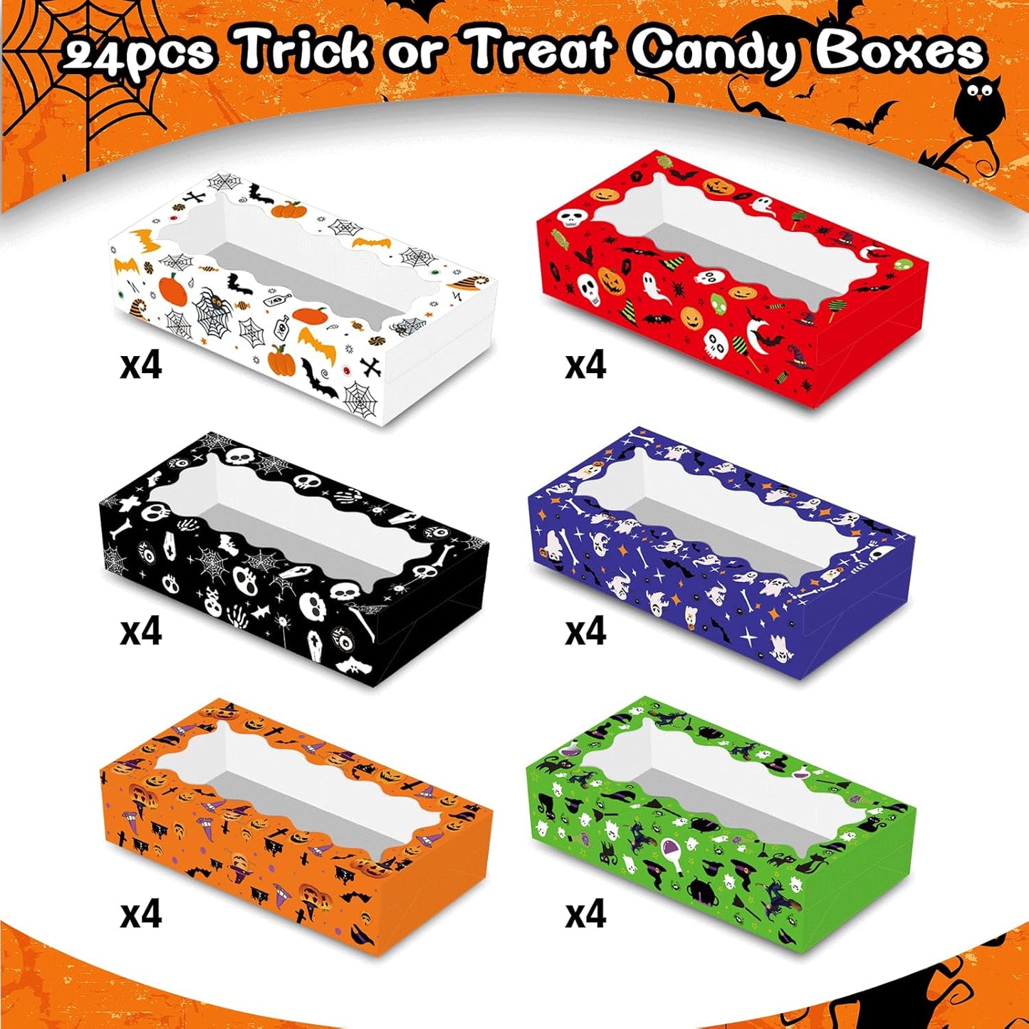 24 Pack Halloween Large Treat Boxes, Trick or Treat Candy Boxes with Window Halloween Party Favors Gift Goodie Boxes Supplies for Cookie Biscuit Donuts Dessert Cupcake Pie