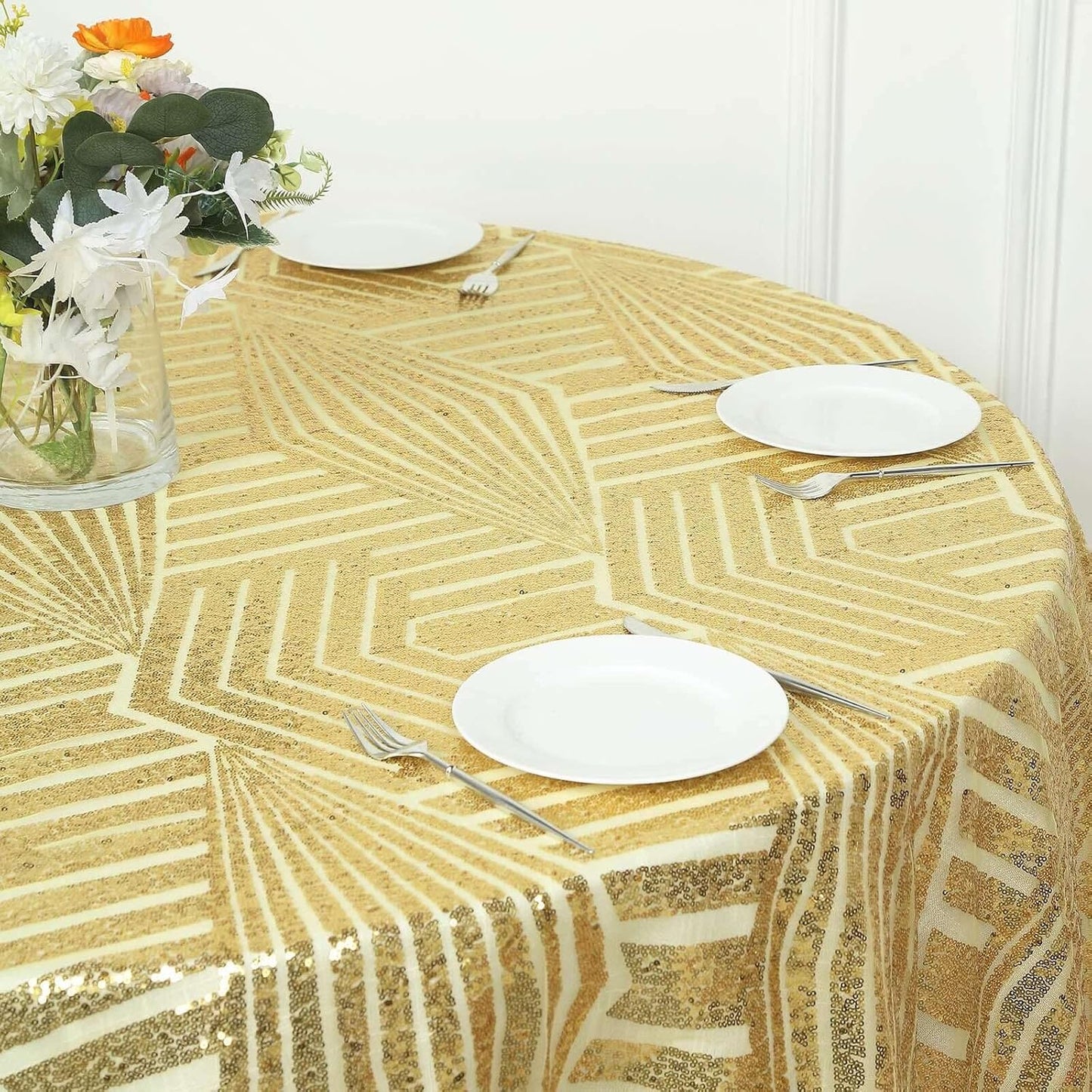 Efavormart 72" Gold Sparkly Sequin Geometric Tulle Square Table Overlay