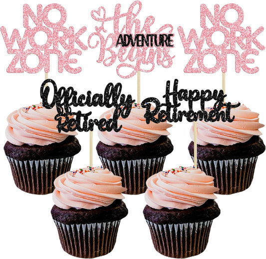 24Pcs Happy Retirement Cupcake Toppers Officially Retired Cake Toppers No Work Zone Adventure Begins Cupcake Picks Retirement Theme Farewell Birthday Party Decorations Supplies Pink Black