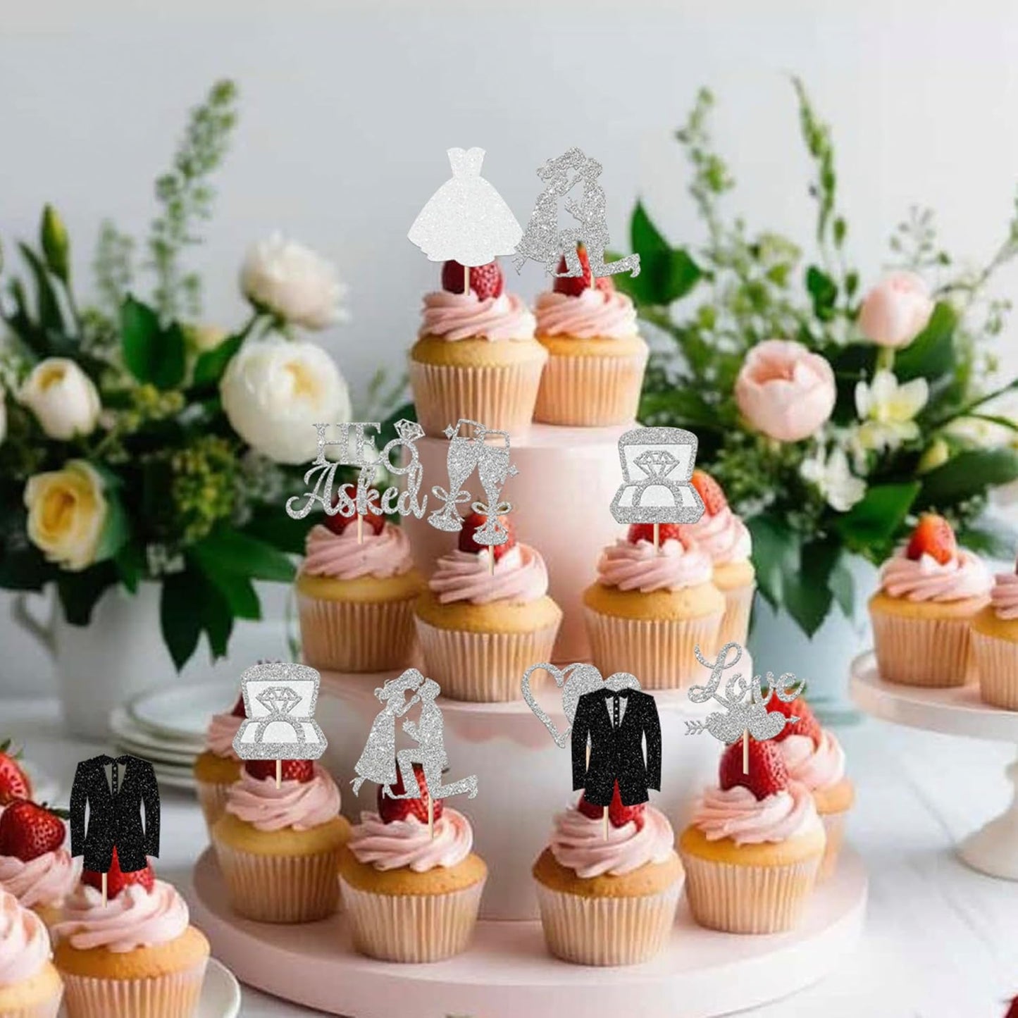 30 Pack Bride to be Cupcake Toppers Glitter Diamond Ring I Do Love Cupcake Picks Miss to Mrs He Asked She Said Yes Bridal Shower Wedding Engagement Bachelorette Cake Decorations Silver