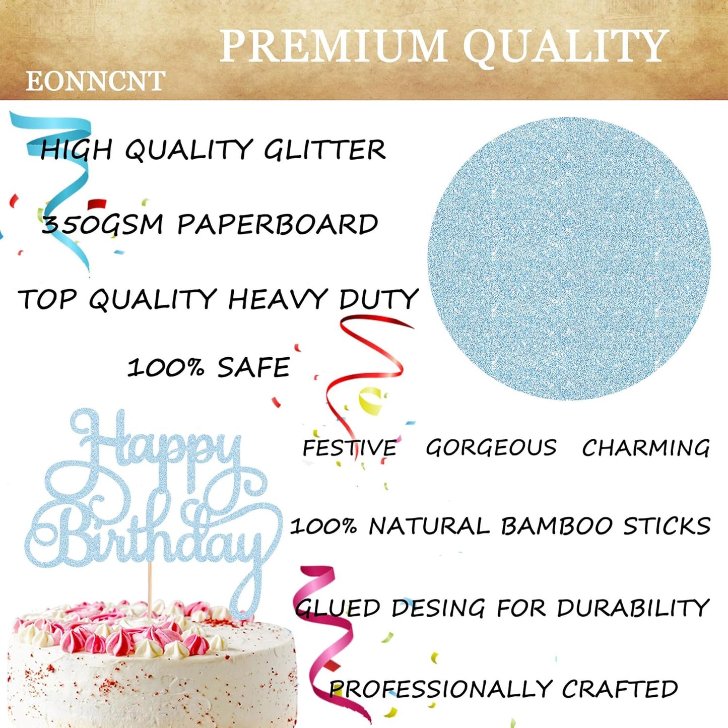 Happy Birthday Cake Topper - Light Blue Glitter Birthday Party Cake Decoration Supplies - Happy Birthday Cake Decor, for Anniversary/Birthday Party Supplies Photo Booth Props
