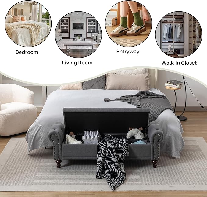 SOFTHION 58.1" Storage Bench Upholstered Linen End of Bedroom Bed Bench Ottoman - Image 7