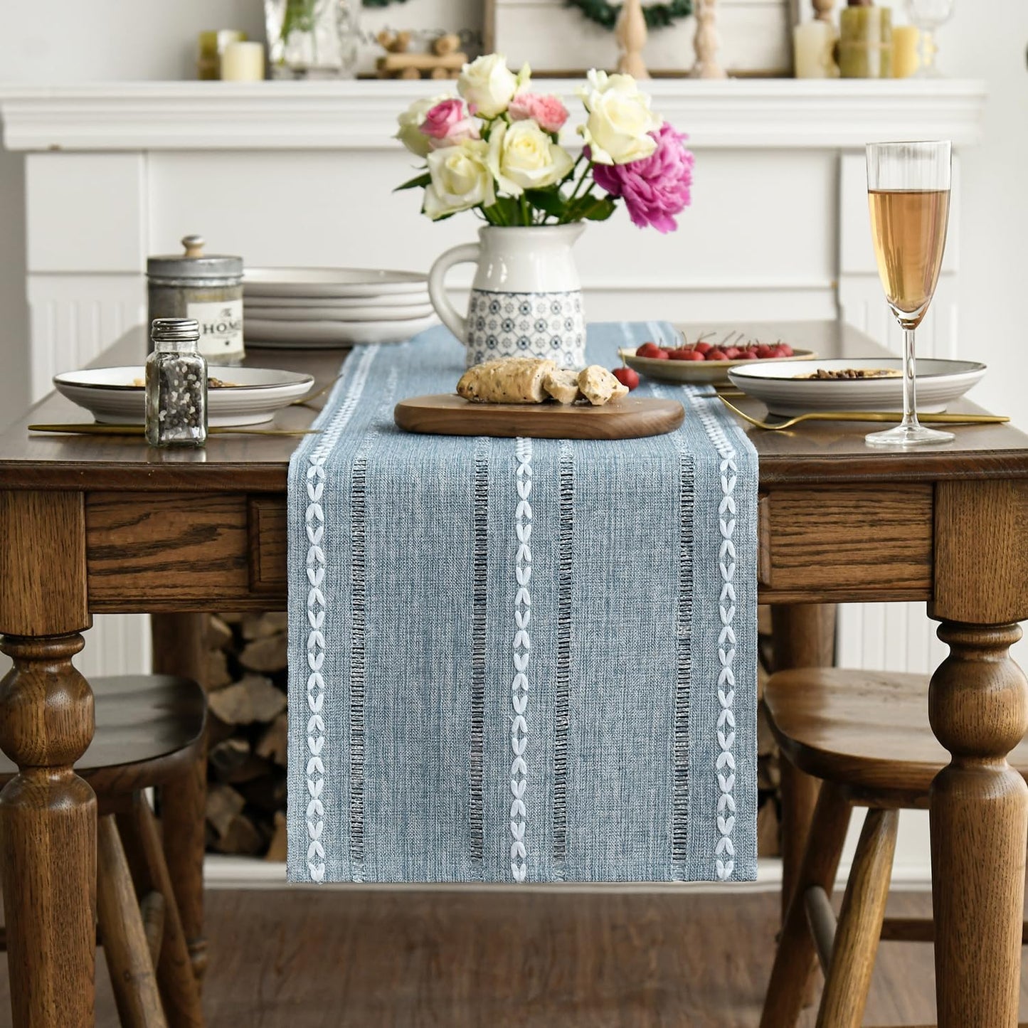 Artoid Mode Dusty Blue Cotton Linen Table Runner, Seasonal Rustic Embroidered Hollow Kitchen Dining Table Decoration for Home Party Decor 13x90 Inch