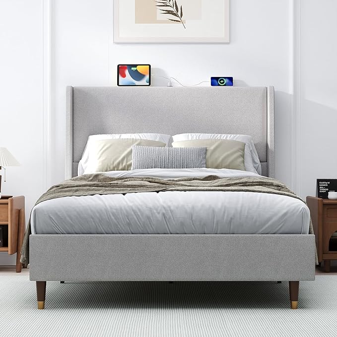 MALOL Full Size Bed Frame with Upholstered Headboard, Linen Fabric Platform Bed by MALOL