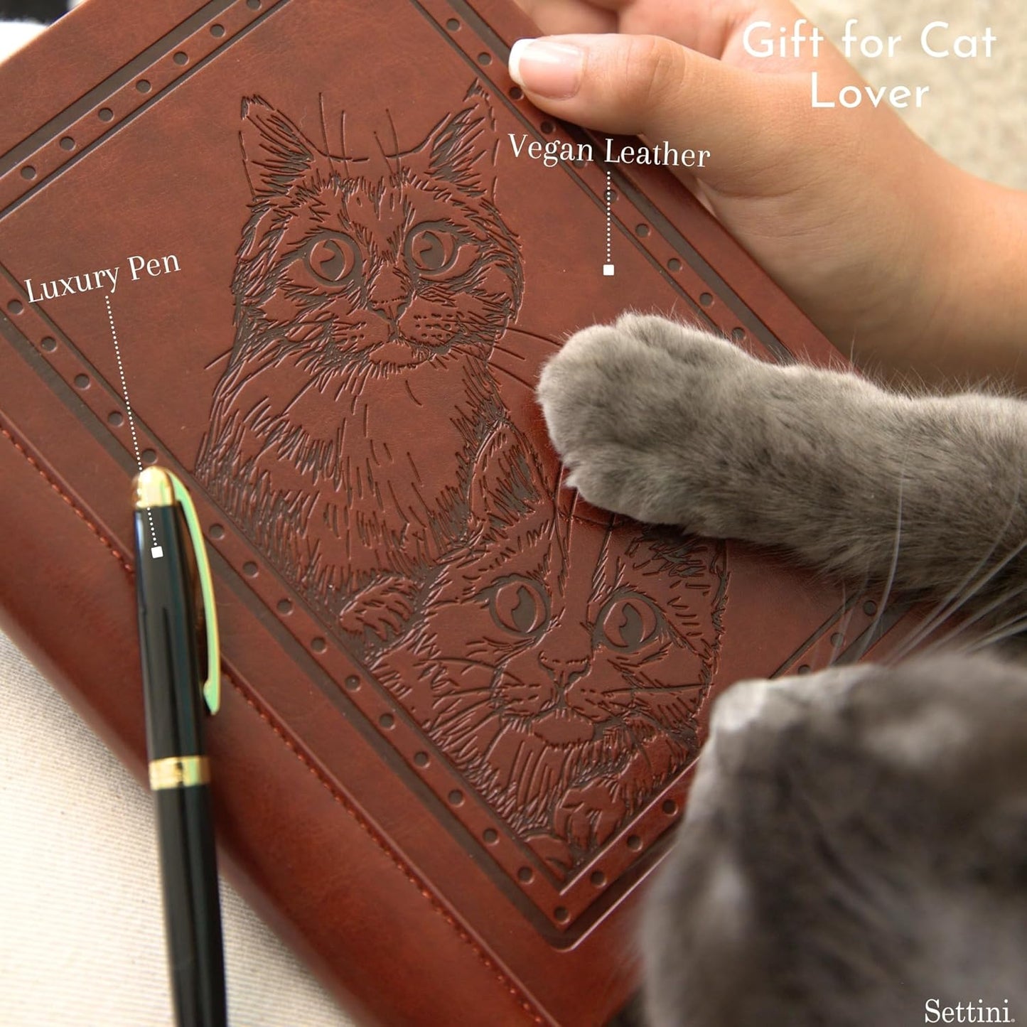 SETTINI® Lined Journal - Cat Journal for Writing Gift Set - Hardcover Vegan Leather, Includes Luxury Pen in a Unique Pen Holder, 192 Pages, 6 x 8.5 inches, Birthday Gift