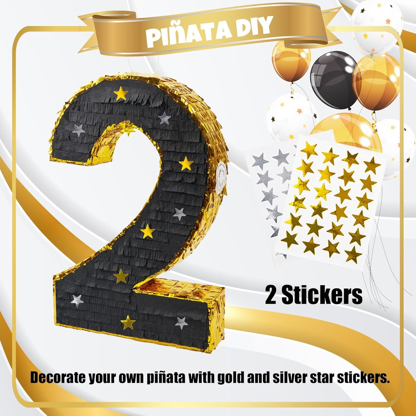 PCFING 20 Inch Number 2 Piñata Gold Black with 30 Inch Piñata Stick Blindfold Confetti for Man Women Boys Girls Birthday Party Decorations, Anniversary Celebration, Fiesta