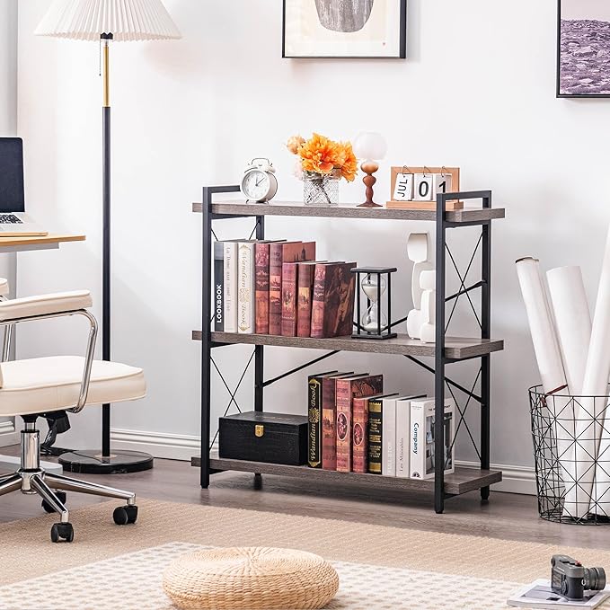 HCHQHS Bookshelf, 3-Tier Industrial Bookcase, Rustic Open Book Shelf, - Image 5