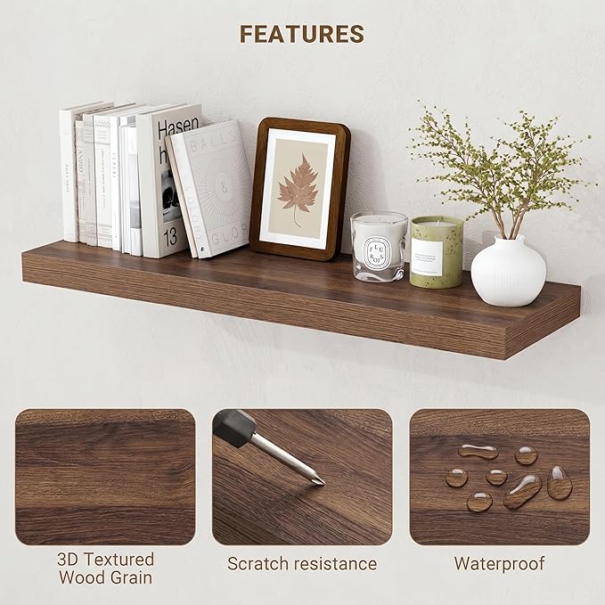 Acovy 32 Inch Floating Shelves, 3D Textured Wood Grain, Wooden Shelves - Image 4