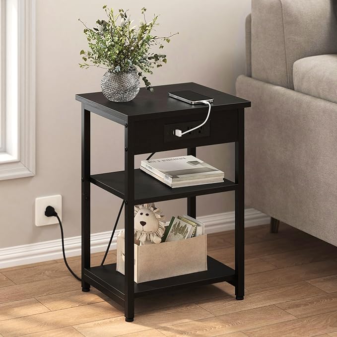 End Tables Set of 2 with Charging Station USB Ports, 3 Tier Tall Night Stand - Image 2